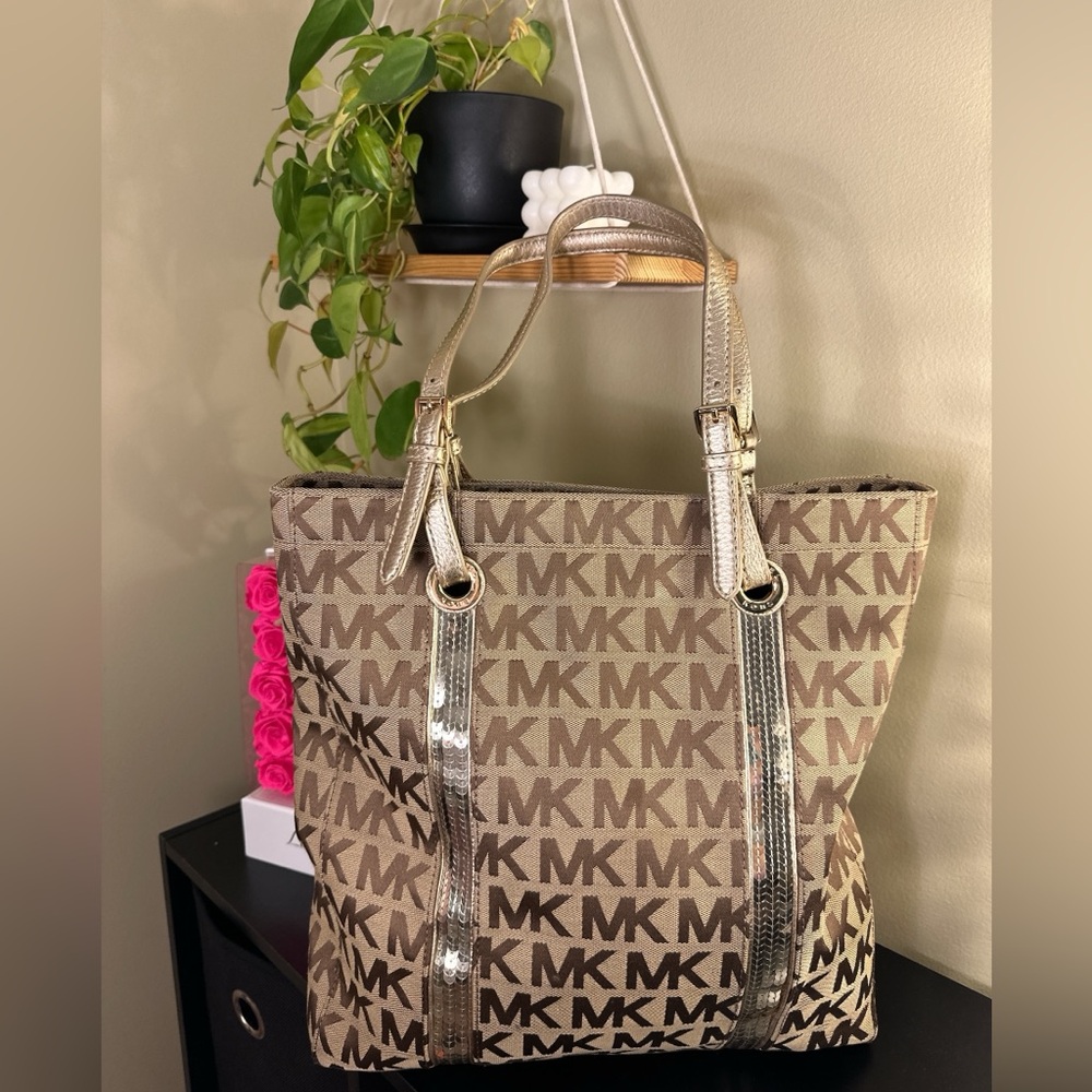 Michael Kors Gold Sequin Tote MK Monogram Shoulder Bag
